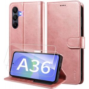 JGD-Coque pour Samsung Galaxy A36 5G Etui Coque avec 2 Verre Tremp&eacute; Porte Carte Clapet &agrave; Rabat Portefeuille Cuir Case Housse Protection Flip Cover &Eacute;tui Coque pour Samsung Galaxy A36 5G,Or Rose - Neuf