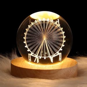 Veilleuse 3d En Forme De Boule De Cristal - Modèle Planète - Boule De Cristal 3d Avec Base En Bois - Cadeau Pour Noël, Thanksgiving, Anniversaire, Décoration D'intérieur - Alimenté Par Usb - Neuf
