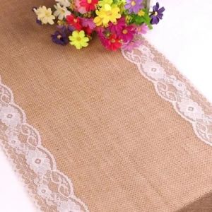 Chemin de table avec dentelle brodé extérieur et Toile De Jute - Couleur:Bois-Kra - Neuf