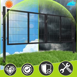 Portail De Jardin Double Battant - 300x100cm Anthracite - Portillon Grillag&eacute; - Avec Poign&eacute;e, Serrure, Cl&eacute;s Et Verrouillage Au Sol - Acier Galvanis&eacute; - Neuf