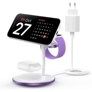 CMJAAGUR-Mag-Safe Station De Charge Inductive 3 En 1 Pour Plusieurs Appareils, Station De Charge Mag-Safe 15 W Pour Iphone 15 14, Iwatch Ultra 2/1/Series 9, Airpods, Violet[M1831] - Neuf