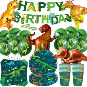 Kalanka-Lot De 80 Accessoires De Décoration D'anniversaire Dinosaures Avec Grand Ballon En Aluminium Dinosaure, Assiettes En Carton, Tasses, Bannières, Ballons, Décoration De Fête Jurassique Pour 20 - Neuf
