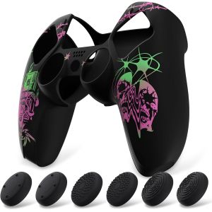 Coque Protection Pour Ps5 Manette,Housse Silicone Avec 6 Capuchon Joystick Pour Ps5 Grip Cover Skin Compatible Avec Station De Charge-Source Du Péché Rose & Vert - Neuf