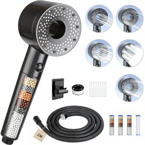 Pommeau de Douche Anti Calcaire pommeau de douche haute pression avec 5 Modes de Jet Pommeau de Duche Economie Deau avec Tuyau Douche 2M Douchette avec 4 filtre douche,Support de Douche,Brosse - Neuf