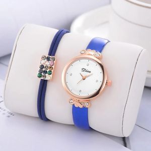 Disu Lady Pu Strap Classique Quartz Analogique Rond Causal Montre-Bracelet + Anneau De Cheveux (Bleu Royal) - Neuf