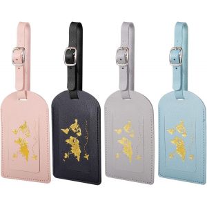 Lot de 4 étiquettes à bagages en cuir PU écriture avec fermoir réglable, idéal pour les sacs à main et des avions - Neuf