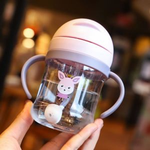 Bouteille De Bébé De Silicone De Tasse Pour Les Enfants, Étanches, Coupe, Dessin Animé, De La Paille De La Poignée (Rose) - Neuf