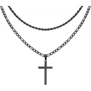 Kal-Necklace Men's Cross Necklace Punk Double Necklace With Cross Pendant Stainless Steel Necklace For Men Ladies - Neuf