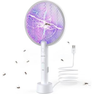Raquette Electrique Insectes, Raquette Moustique Electrique 4000V Usb Rechargeable, Anti Moustiques Et Insectes Volants Haute Efficacité, Postuler À Intérieur Et Extérieur (Blanc,1Pc) - Neuf