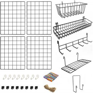 Tianyi-Pack 4 Grille Murale Avec Accessoires | Contient Panier, Trieur, Etag&egrave;re Et Crochets | Tableau | Grille Photo Mural | D&eacute;coration Suspendue Pour Maison, Bureau,Cuisine - Neuf