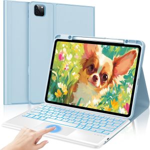 Coque Clavier Pour Ipad Pro 12.9"" (6e/5e/4e/3e) Gen Avec Pavé Tactile, Azerty Français Clavier Rétroéclairé 7 Couleurs Détachable Sans Fil Bluetooth, Étui Ipad Air 13"", Bleu Chair - Neuf
