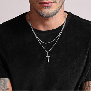 Collier Croisé Hommes Acier Inoxydable Argent Noir Or Stratifié Corde Chaîne Pendentif Croix - Neuf