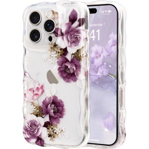 Kal-Coque Pour Iphone 16 Pro Max Clair Transparent Avec Cadre Ondulé Bouclé, Housse Etui Motif De Fleur Florale Mignon Pour Femme Fille,Bumper Case Protection Antichoc En Silicone Souple,Violet - Neuf