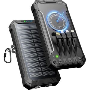 HUI-Batterie Externe Solaire 26800 Mah Avec 4 Câbles,Chargeur Solaire Portable Sans Fil Batterie Externe Usb-C 15W Charge Rapide 6 Sorties 3 Entrées Pour Téléphone,Avec Lampe De Poche,Mousqueton - Neuf