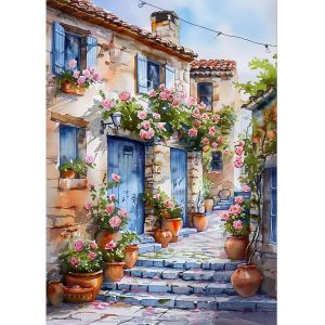 Ayuhr-Peinture Diamant Cour Fleurie, 5d Diamond Painting Complet Rue Fleurie, Diamant Strass Point De Croix Cristal Painting Diamant Kit Paysage Painting Pour Murale Décoration 30x40cm - Neuf