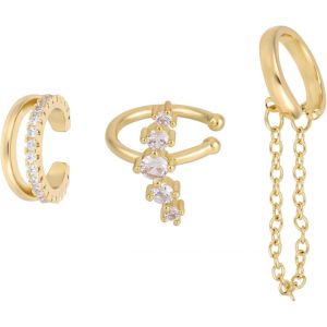 Chenquansarl-3pcs Boucles D'oreilles En Or Pour Femme, Non Per&ccedil;antes Boucle D'oreille Avec Cha&icirc;ne Zircone Double Cr&eacute;oles Clips Fausses Boucles D'oreilles Pour Cartilage Parure De Bijoux D&eacute;licats - Neuf