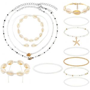 Loc-Collier En Coquillages Ensemble Collier Et Bracelet En Coquillages Pour Femme De Style Boh&eacute;mien Ensemble De Bracelets De Perles Chevill&egrave;re Avec D&eacute;coration De Coquillages Bijoux Boho Collier - Neuf