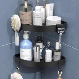 Etagere De Douche Sans Percage, Rangement Salle De Bain Angle, Porte Savon Et Gel Douche Avec 4 Crochets Et Autocollants, 2 Pi&egrave;ces, Noir - Neuf