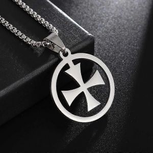 Templier Croix Ronde M&eacute;daille En Acier Inoxydable Pendentif Collier D&eacute;claration Hommes S Punk Tendance Bijoux - Neuf