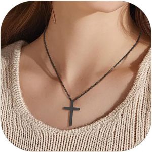 Men's Gold/Black/Stainless Steel Engraved Cross Necklace - Cross Pendant With Adjustable Chain - Christian Catholic Religion Cross Jewellery For Men And Women - Neuf