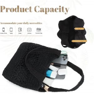 TZF-Sac Cabas en Raphia Tressé Femme été Grand Léger Boho Sac de Plage Tressé Léger Sac Fourre-Tout Paille Tissé pour Vacances(Noir) - Neuf