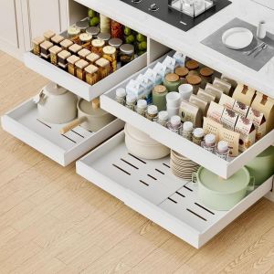 Lot De 4 Tiroirs T&eacute;lescopiques Pour Armoires De Cuisine,Largeur R&eacute;glable 32 &Agrave; 52 Cm,Organiseur De Placard De Cuisine Extensible Avec Fixation Adh&eacute;sive Nano Film,Blancs (Paquet De 4 - Blanc) - Neuf