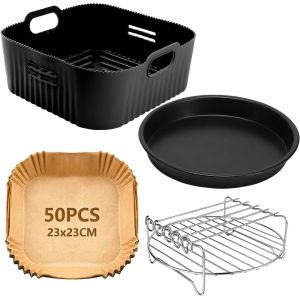 NouvelHorizonstore-23CM Accessoires Air Fryer pour Russell Hobbs XXL 8L 8,3L, Cecotec 7,6L, COSORI 6L/6,2L/6,4L, 4PCS Moule Air Fryer XXL avec Grille, Plateau &agrave; pizza, Moule Silicone, Papier Cuisson - Neuf