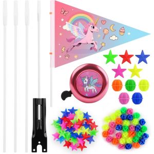 Mini Sonnette de V&eacute;lo Licorne avec Fanions de V&eacute;lo pour Enfants+72 Pi&egrave;ces &Eacute;toile Rond Forme D&eacute;corations de Perles &agrave; Rayons de V&eacute;lo Color&eacute;s Accessoire Velo Fille pour V&eacute;lo Scooter Camions - Neuf
