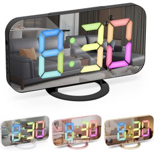 Horloge num&eacute;rique &agrave; grand &eacute;cran, &eacute;lectrique LED,Surface miroir pour maquillage avec mode d'intensit&eacute;,3 niveaux de luminosit&eacute;,Double ports USB,D&eacute;coration moderne pour la maison ou la chambre-Dor&eacute; - Neuf