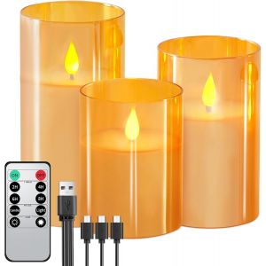 Subzonal-Lot De 3 Verre Dor&eacute; Bougies Led Rechargeable Avec T&eacute;l&eacute;commande, Bougies Sans Flamme Graduable Avec C&acirc;ble De Charge Pour D&eacute;coration De La Maison, Camping, Mariages, Cadeaux - Neuf