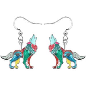 Kal-Boucles D'oreilles Loup Rugissant Pendantes En Alliage De Zinc Émaillé Pour Femme Fille Cadeaux Loup - Neuf