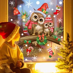 Autocollants de fenêtre de Noël, autocollants de hibou de Noël, autocollants muraux de branches d'arbre de Noël, autocollants muraux pour chambre d'enfant, porte, fenêtre, décoration de Noël - Neuf