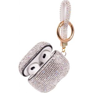 LORANKA-Coque Scintillante Compatible avec AirPods 3e g&eacute;n&eacute;ration avec Porte-cl&eacute;s, Coque de Protection Antichoc en Strass de qualit&eacute; sup&eacute;rieure pour AirPods 3 (Blanc AB avec Porte-cl&eacute;s) - Neuf