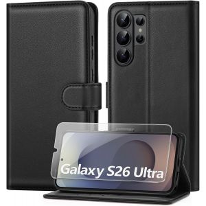 KALANKA-Coque pour Samsung Galaxy S26 Ultra 5G avec Verre Tremp&eacute;, &eacute;tui Cuir PU Magn&eacute;tique [Pochette de Portefeuille], Housse de Fonction Stand Video Porte Carte Credit &agrave; Rabat Case -Noir - Neuf