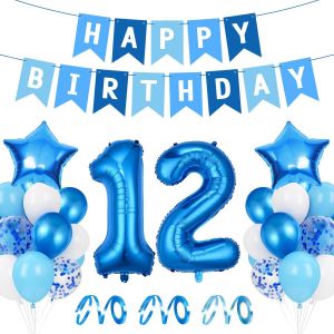 Ballon Anniversaire 12 Ans-Déco Bleu pour Garçon avec Feuille Happy Birthday et Géant Numéro 12 - Neuf