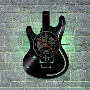 Smotly Horloge murale en vinyle, horloge murale graphique sur le thème de l'instrument de guitare avec fonction veilleuse LED, horloge murale cadeau pour les amateurs de musique. - Neuf