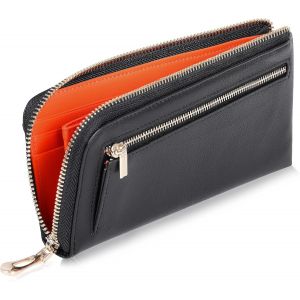 Portefeuille Long En Cuir V&eacute;ritable Pour Homme,Pochette De Carte &Agrave; Fermeture Eclair Bloquant La Rfid,Portefeuille Ch&eacute;quier Grande Capacit&eacute; Avec 12 Fentes Pour Cartes Noir+Orange - Neuf