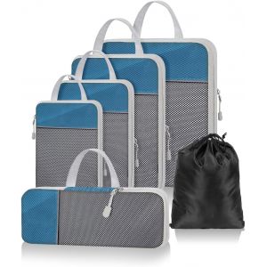 Lot De 6 Cubes D'Emballage De Compression Pour Val &Agrave; Main, Sac De Rangement De Bagages De Voyage Avec Maille, Val Extensible, Organ Urs Multifonctionnels, Bleu - Neuf