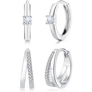 Chenquansarl-Lot De 2 Paires De Boucles D'oreilles Créoles En Argent Sterling 925 Avec Zircone Cubique Hypoallergénique Pour Petit Sommeil Cartilage Huggie Avec Boîte Cadeau - Neuf