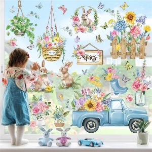 SJZG-Stickers Fenetre Fleurs De Jardin Printemps Autocollant Fenêtre Plantes Suspendues Lapin Camion Electrostatique Anti-Collision Décoration Pour Fenêtre Porte Cuisine - Neuf