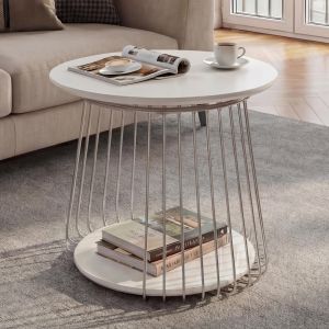 Table basse MCA HWC-P60, table d'appoint, table basse, table de salon, m&eacute;tal MDF ronde &Oslash; 50 cmblanche - Neuf