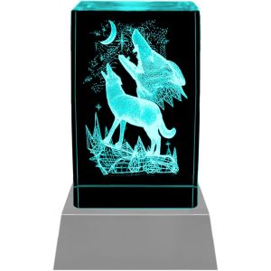 Kalsw-Lumière D'ambiance-Un Cadeau Qui Sort De L'ordinaire : Bougie Led/Bloc De Verre Cristal/Gravure Laser 3d-Les Loups Hurlent À La Lune - Neuf