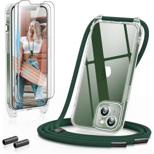 MEVRONISSHOP-3 en 1 Coque Transparente pour iPhone 13 6,1&iquest;&iquest; avec Cordon de Collier - avec 2 Verre Tremp&eacute; - Etui TPU Bumper avec Cordon R&eacute;glable, T&eacute;l&eacute;phone Lanyard Case Protection Compl&egrave;te, For&ecirc;t Vert - Neuf