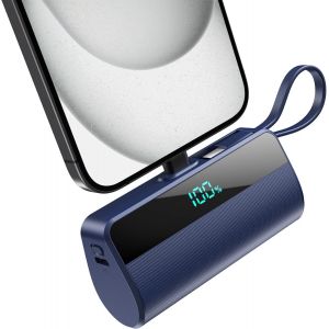 Thef-Batterie Externe Pour Iphone, 5500mah Mini Power Bank Avec Câble Usb C Intégrés, 20w Pd Charge Rapide Chargeur Portable Écran Lcd Batterie Portable Compatible Avec Iphone 16/15/14/13/12/11-Bleu - Neuf