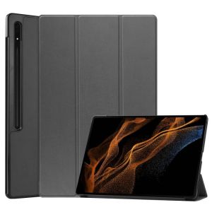 Étui En Cuir 3 Volets Pour Samsung Galaxy Tab S10/S9 Ultra - Couleur Unie, Gris - Neuf