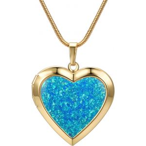 Kal-Collier En Or Avec Photo - Opale Bleue - Coeur Personnalis&eacute; - Pour Femme - Bijoux Souvenirs, Breit, Cuivre, Pas De Gemme - Neuf