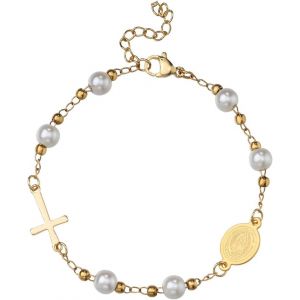 Meimie-Femmes Religieux Chapelet Perles Bracelet Catholique Crucifixmédaille Bracelets Pour Femme Baptême Confirmation Bijoux - Neuf