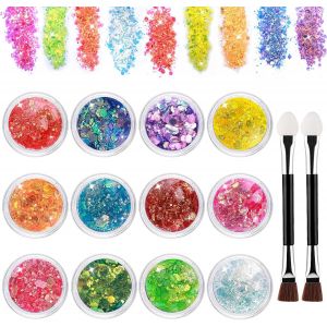 Festival Paillettes Visage Avec 2 Pinceaux &Agrave; Double T&ecirc;te En Coton 12 Couleurs Paillettes D&eacute;guisement Festif Paillettes Ongles Cheveux L&egrave;vres Corps Christmas Maquillage Glitter (Couleur 2) - Neuf