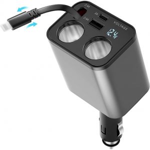 Chargeur De Voiture R&eacute;tractable 5 En 1 - R&eacute;partiteur De Cigarette - Charge Rapide - 147 W - Pour C&acirc;bles Iphone, Ports Usb Et Adaptateur Allume-Cigare &Agrave; 2 Prises - Pour Gps/Dash Cam/Ipad/Iphone - Neuf
