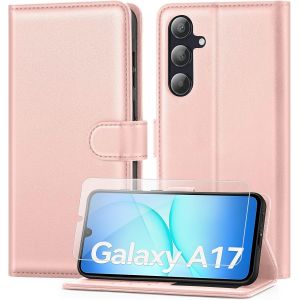 CAUC-Coque pour Samsung Galaxy A17 avec Verre Tremp&eacute;, &eacute;tui Cuir PU Magn&eacute;tique [ Pochette de Portefeuille ], Housse de Fonction Stand Video Porte Carte Credit &agrave; Rabat pour Samsung A17 -Rose P&acirc;le - Neuf